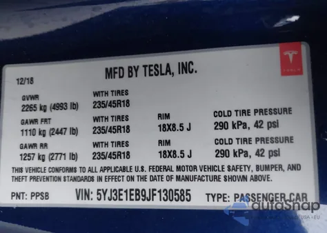 2018 Tesla Model 3 Long Range/Performance из США, поврежденный, VIN 5YJ3E1EB9JF130585
